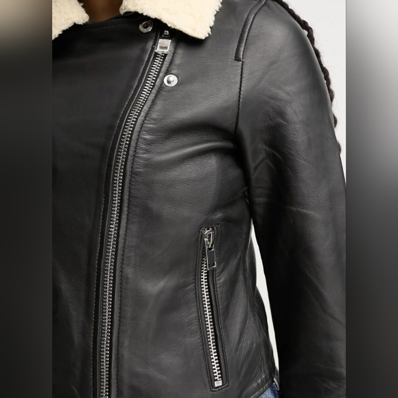 Bolongaro Trevor shearling collar classic leather biker jacket in black - Picture 3 of 4